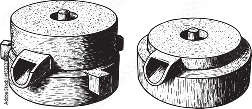 Detailed Woodcut Illustration of Antique Rice Milling Stones in