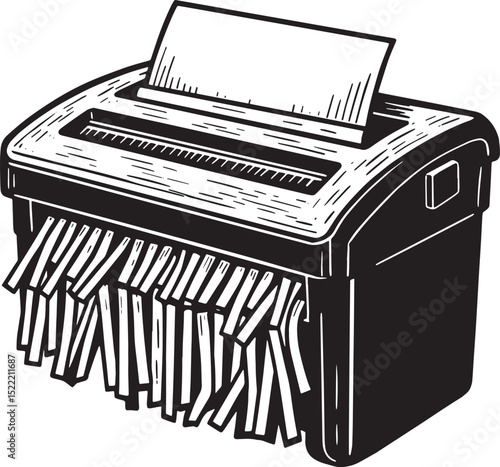 Intricate woodcut of a paper shredder meticulously destroying do