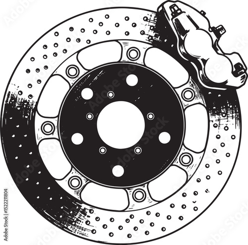 Detailed woodcut illustration of a car disc brake system in blac