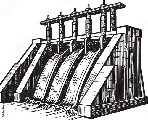Vintage Illustration of Hydroelectric Dam Power Source Woodcut D