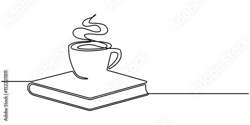 Single continuous line drawing of books with a cup of coffee above on library desk. One line draw coffee and books. Business and education concept. Editable stroke. Doodle vector illustration.
