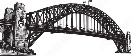 Striking woodcut illustration of the iconic Sydney Harbour Bridg