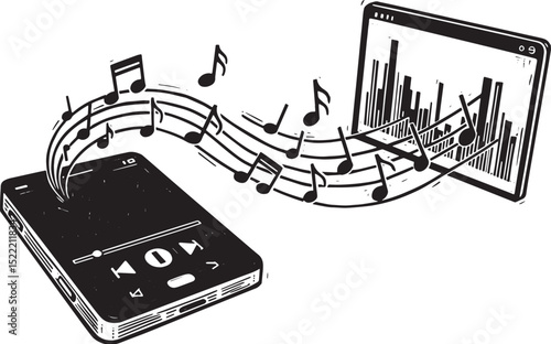 Woodcut Illustration of Music Streaming Between Devices and Plat