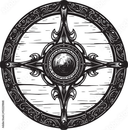 Intricate woodcut illustration of a tribal shield with ornate de