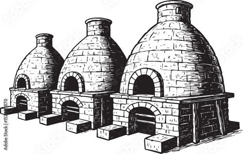 Vintage Woodcut Illustration of Traditional Beehive Kilns in Bla