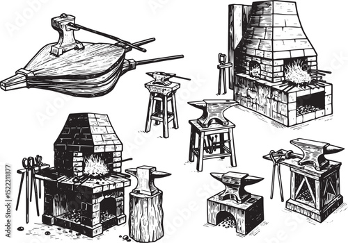 Vintage Blacksmith Shop with Forges Anvils and Bellows in Woodcu