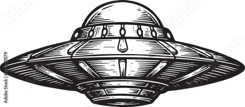Monochrome Woodcut Illustration of a Flying Saucer for Conspirac