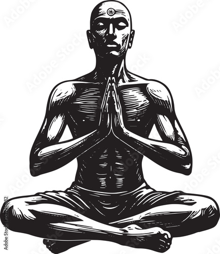 Meditating figure in lotus position in black and white woodcut s
