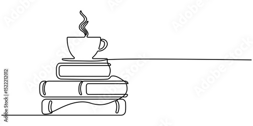 Single continuous line drawing of books with a cup of coffee above on library desk. One line draw coffee and books. Business and education concept. Editable stroke. Doodle vector illustration.