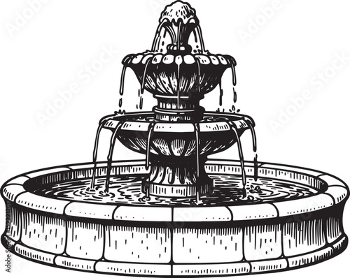 Elegant woodcut style illustration of a classic tiered water fou