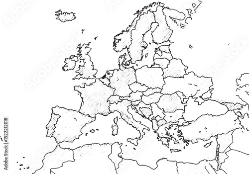 Detailed woodcut drawing of Europe map in black and white illust