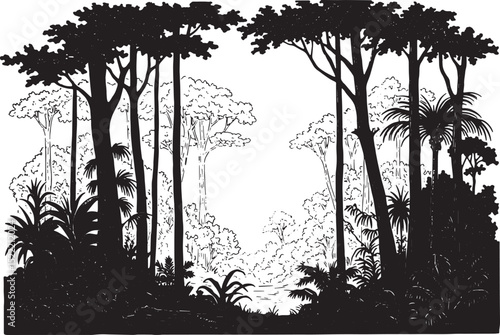 Monochrome Woodcut Illustration of a Dense Rainforest with Tower