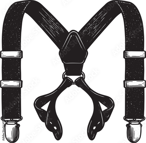 Elegant Black and White Woodcut Illustration of Classic Suspende