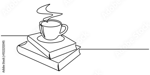 Single continuous line drawing of books with a cup of coffee above on library desk. One line draw coffee and books. Business and education concept. Editable stroke. Doodle vector illustration.
