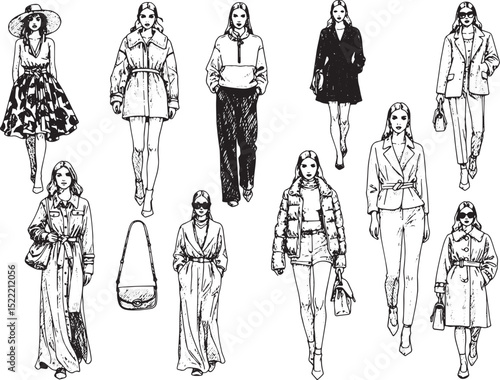 Elegant Ensemble, A Woodcut-Style Illustration of Diverse Fashio