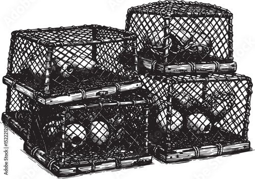 Intricate woodcut drawing showcases stacked crab pots in black a