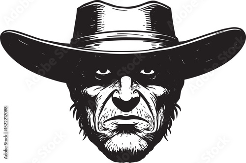 Intense monochrome woodcut illustration of a grizzled outlaw's f