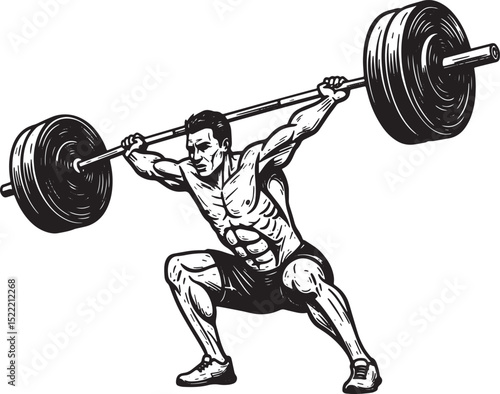 Monochrome Illustration of a Muscular Man Lifting a Heavy Barbel