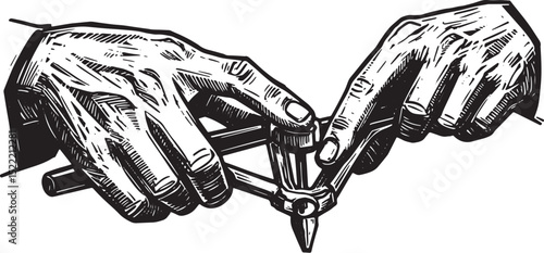 Hands-on learning illustrated in black and white woodcut drawing