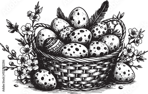 Elegant easter illustration of a basket with decorated eggs and
