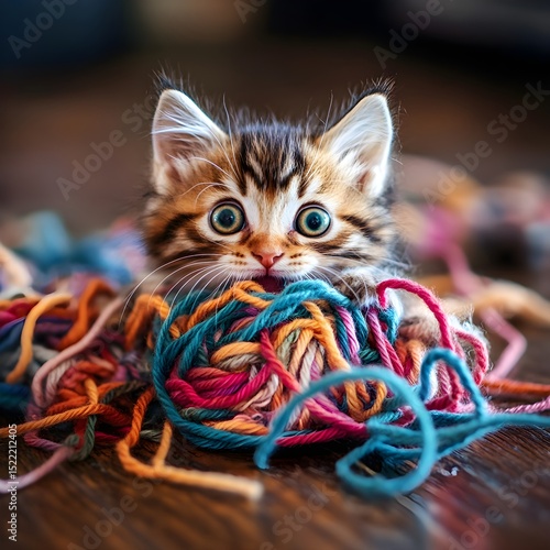 A curious kitten peeks from a colorful pile of yarn. feline mischief concept