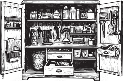 Monochrome Illustration of a Cleaning Supply Cabinet with Open D