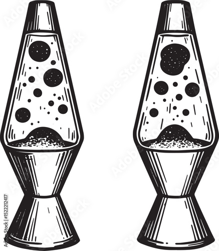 Vintage Lava Lamps Woodcut Illustration in Black and White Style
