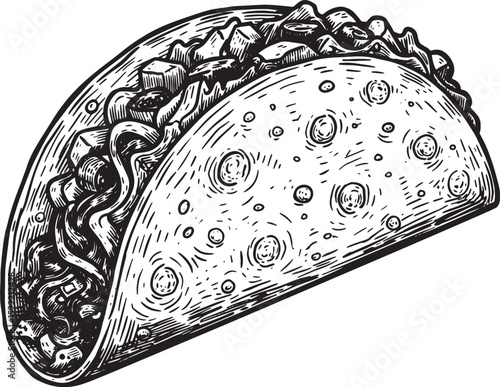 Detailed Woodcut Illustration of a Taco with Visible Fillings an