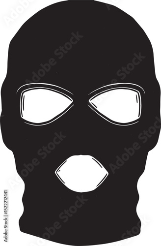 Monochrome woodcut illustration of a knitted ski mask with eye a