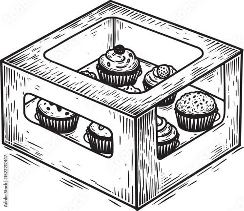 Charming Woodcut Illustration of Cupcakes in a Box, Sweet Treat