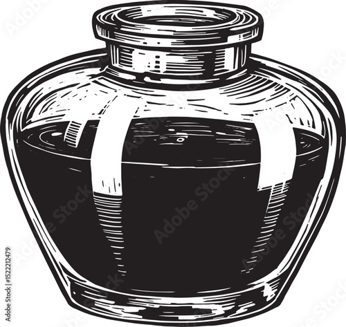 Mysterious Elixir in Black and White, A Woodcut Drawing of a Pot
