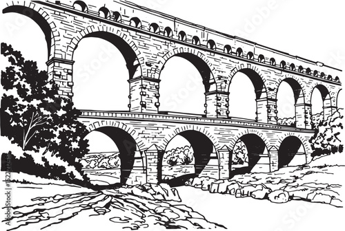 Pont du Gard Aqueduct in France - woodcut drawing black and whit