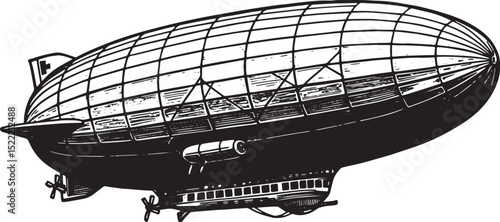 Vintage Airship Illustration, Black and White Woodcut of a Zeppe