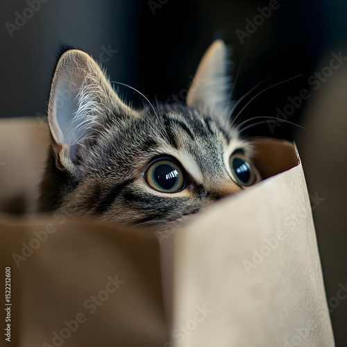 A curious kitten peeks out from inside a brown paper bag. feline mischief concept