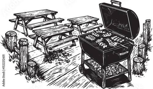 Monochrome Woodcut Illustration of an Outdoor Barbecue Scene wit