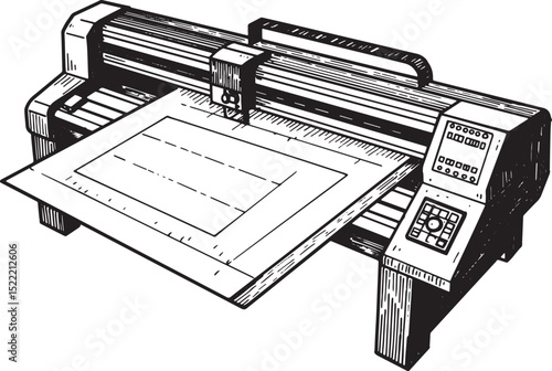 Detailed Black and White Illustration of a Cutting Plotter Machi