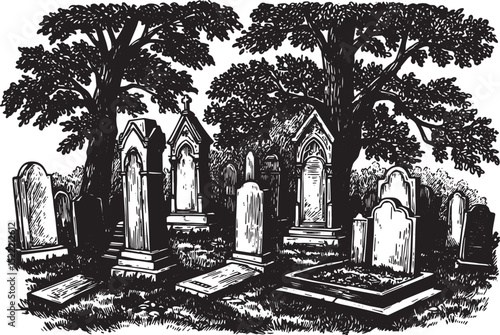 Eerie graveyard scene rendered in a woodcut style illustration