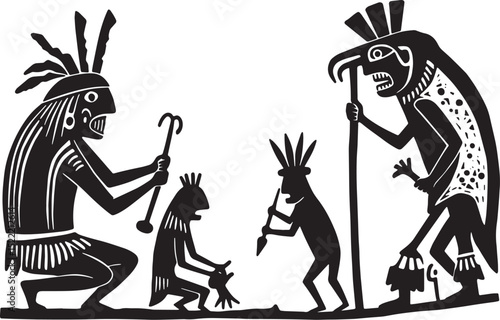 Ancient tribal gathering in black and white woodcut illustration
