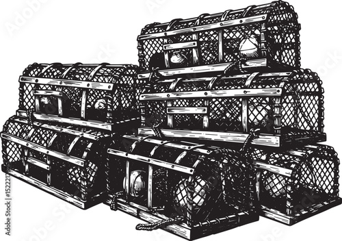 Detailed Woodcut Illustration of Stacked Lobster Traps in Black