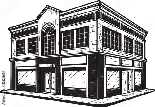 Commercial Building Woodcut Illustration in Black and White Styl