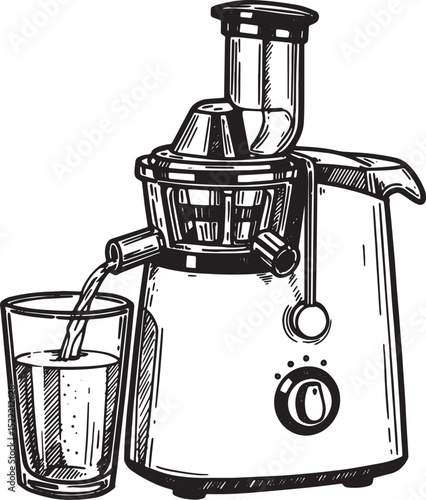 Monochrome Woodcut Illustration of a Juicer Extracting Fresh Jui