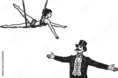 Vintage Circus Act Illustration Featuring Acrobat and Ringmaster
