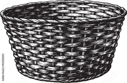 Detailed black and white woodcut illustration of a woven basket