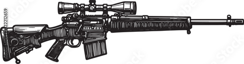 Detailed Woodcut Illustration of a Rifle with Scope in Black and