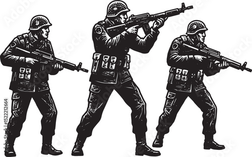 Black and White Woodcut Illustration of Three Armed Soldiers on