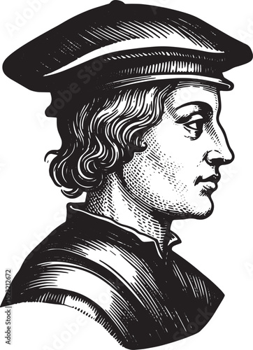 Renaissance Student Portrait, Detailed Woodcut Style Illustratio