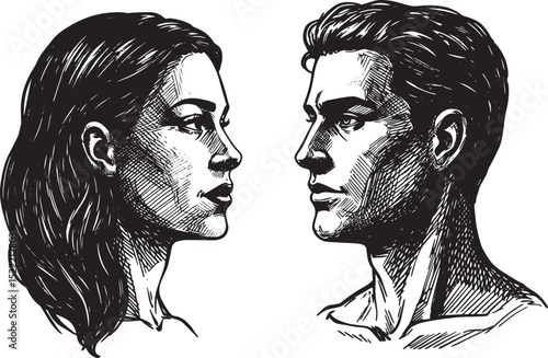 Monochrome illustration of gender equality emphasizing shared hu