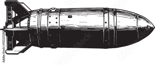 Detailed woodcut illustration of a Tallboy bomb in black and whi