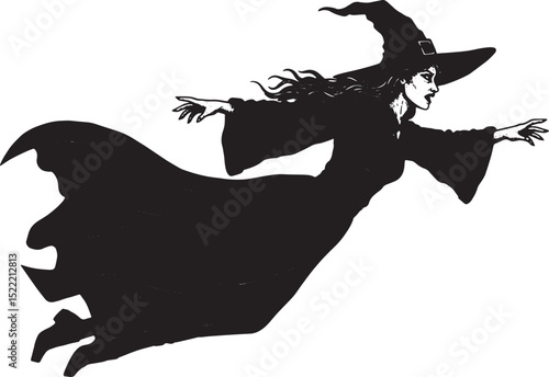 Vintage Style Woodcut Illustration of a Witch Flying on a White