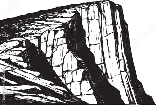 Monochrome woodcut illustration showcasing a rocky cliff face fo